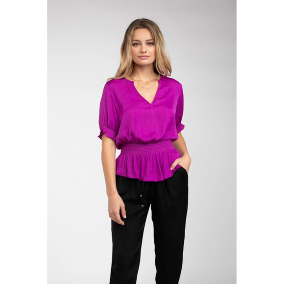 Naked Zebra Cora Peplum Blouse Womens S Mulberry Purple Smocked Short Sleeve NWT - Picture 2 of 10